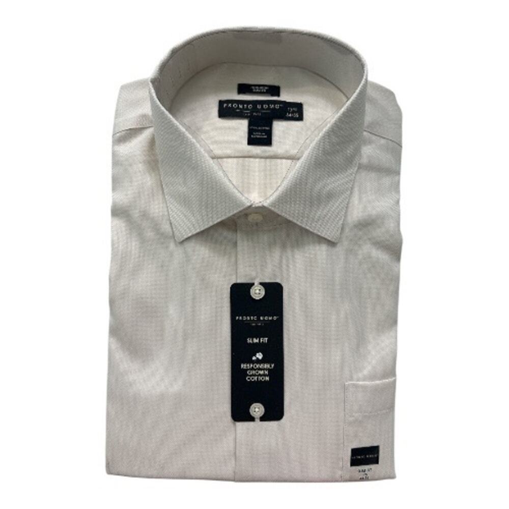 Pronto Uomo Men's Slim Fit Dress Shirt Cream Size 171/2 34/35 Cotton Non-Iron